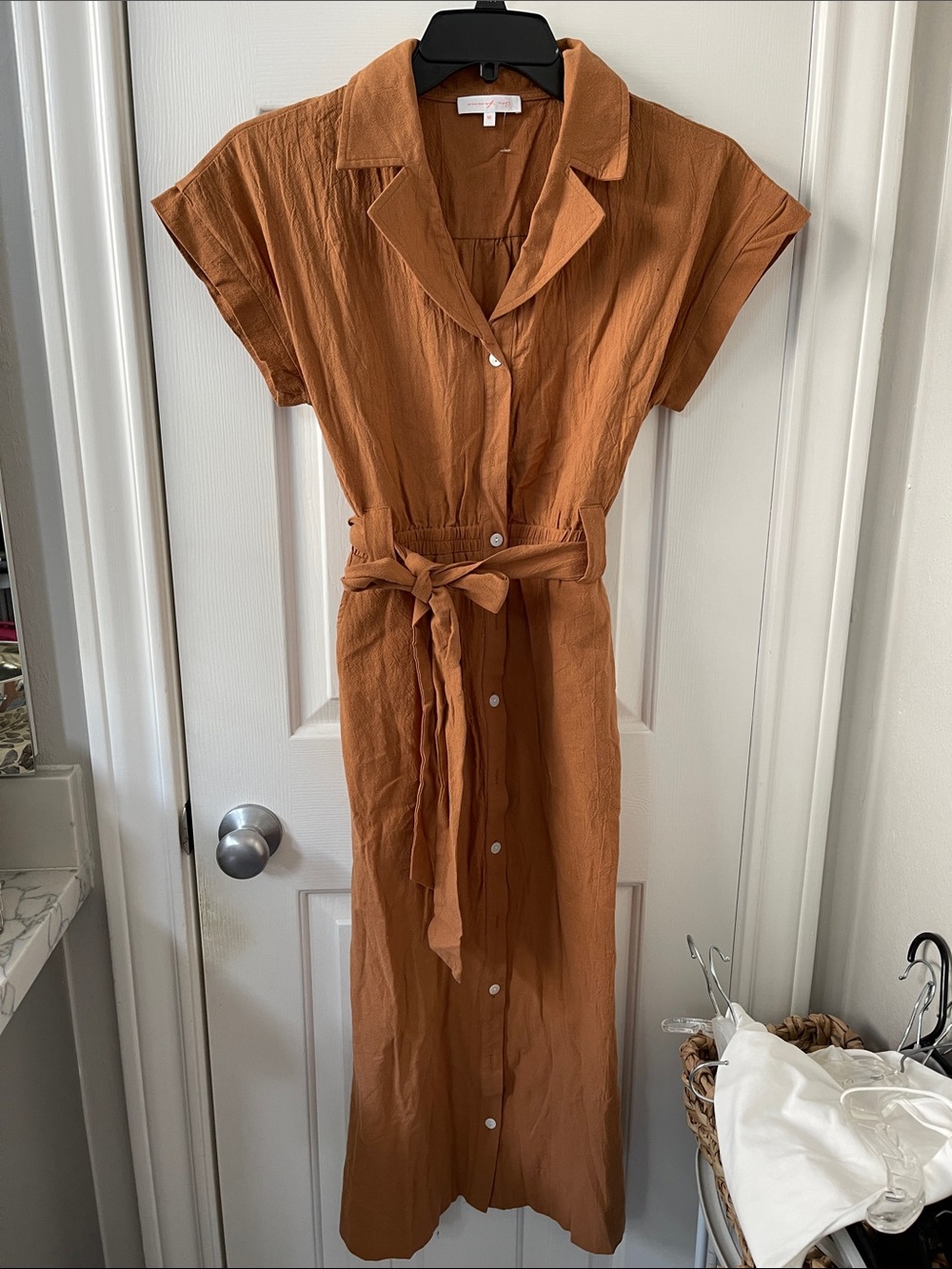 Ces Femme Rust Button-Front Maxi Dress with Tie Waist